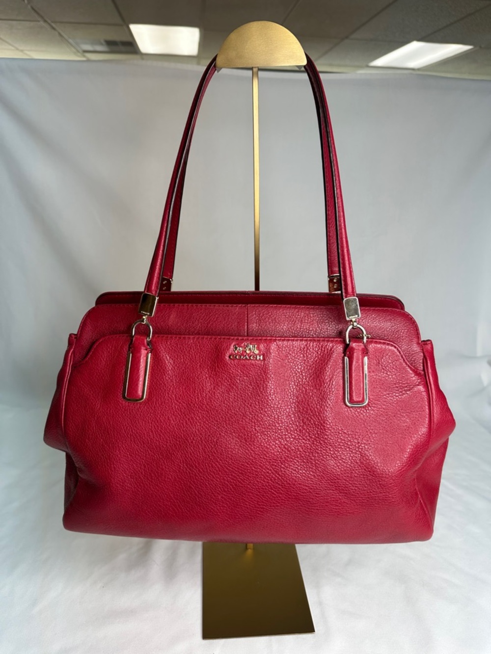 Coach Red Pebbled Leather Double-Handle Shoulder Bag with Gold Hardware